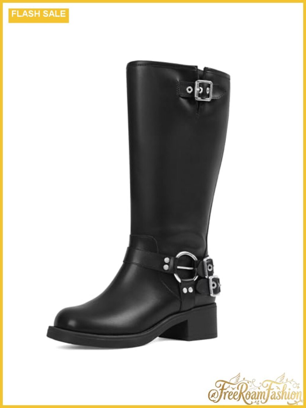 Wide Calf Knee High Boots Women Moto Buckle Chunky Block Heel Square Toe